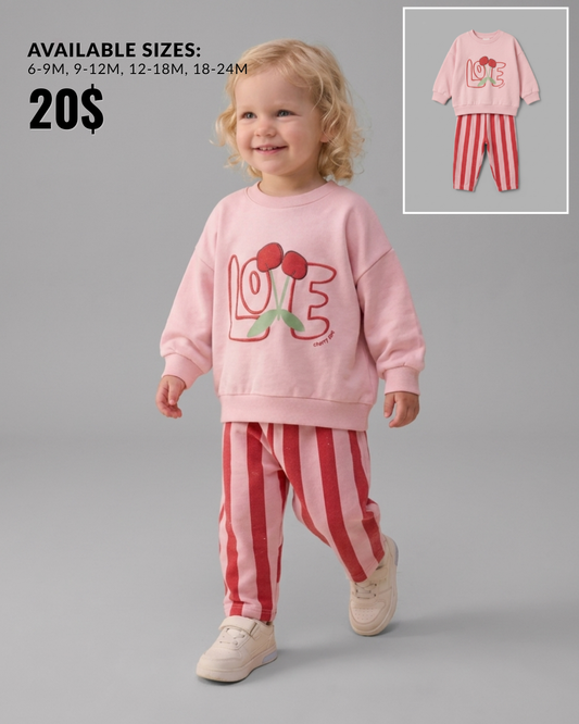 The Chloe Cherry LOVE Sweatshirt & Striped Pants Set – Light Pink & Red