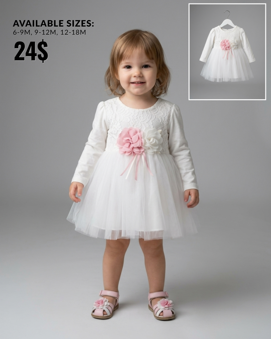 The Eloise Lace & Tulle Flower Dress – White & Pink