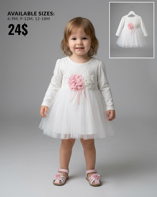 The Eloise Lace & Tulle Flower Dress – White & Pink