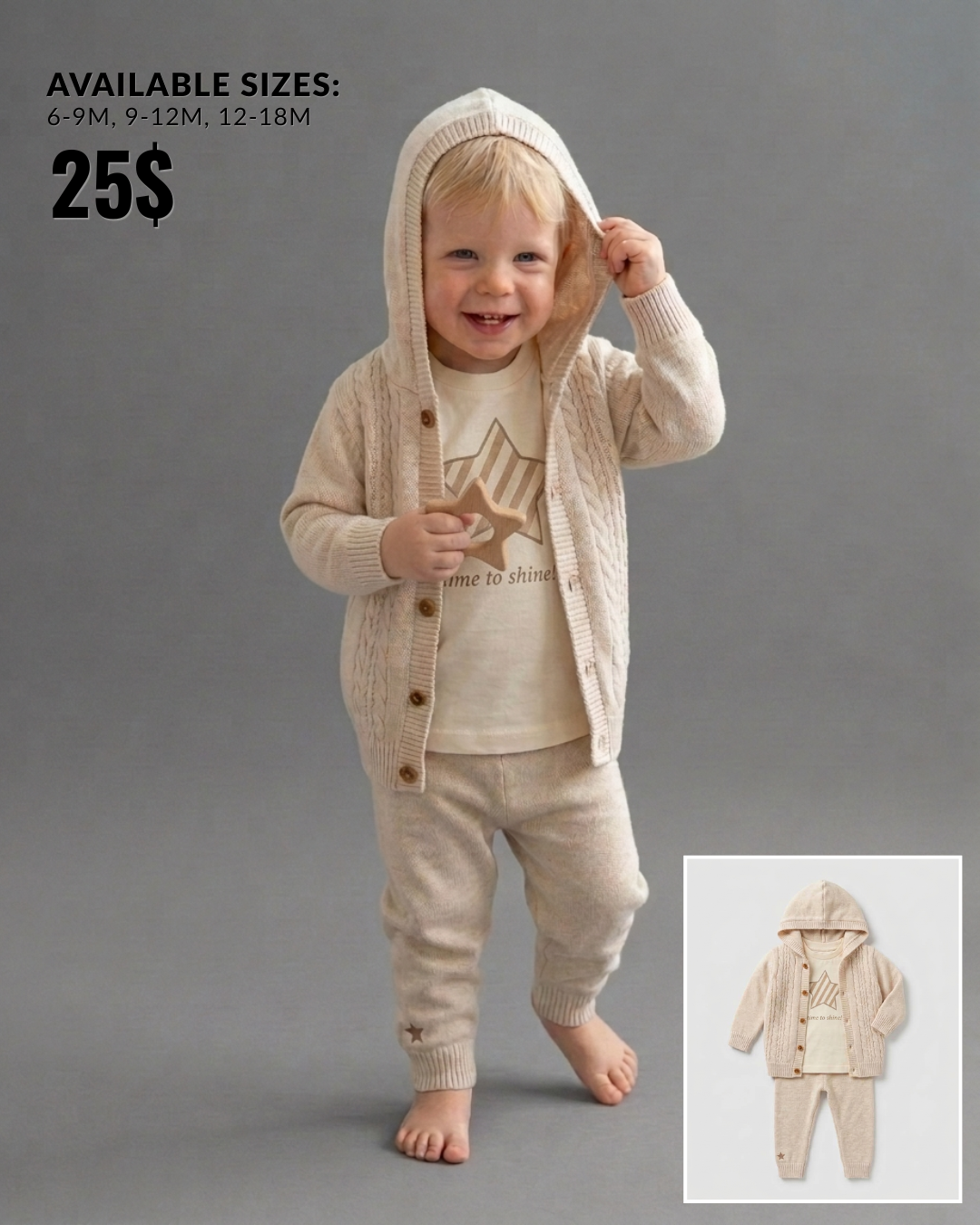 The Milo 3-Piece Hooded Knit Cardigan Set – Cream Oatmeal