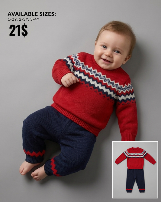 The Tristan Fair Isle Knit Sweater & Pants Set – Red & Navy