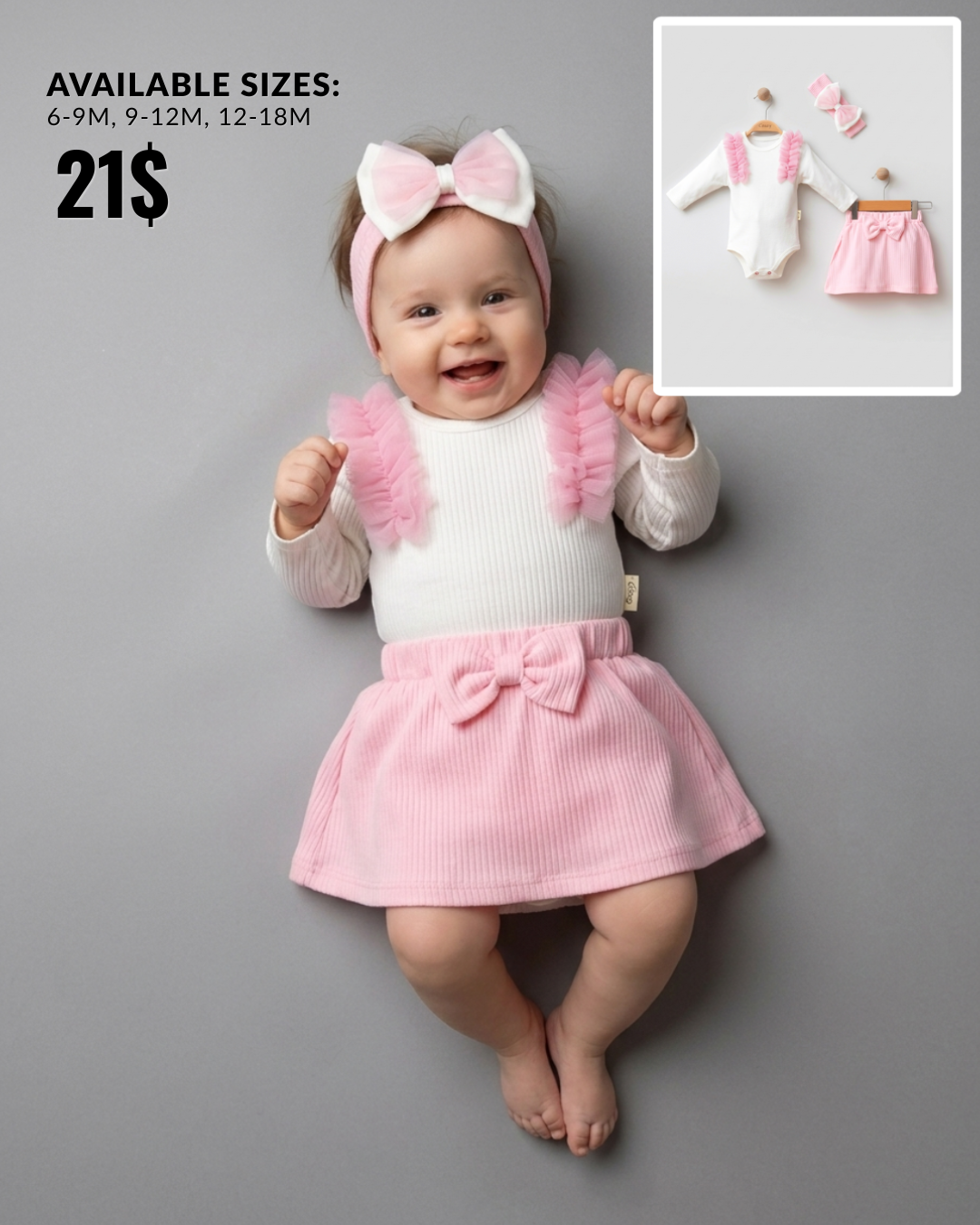 The Rosalie Tulle Ruffle Bodysuit & Skirt Set – Soft Pink & White