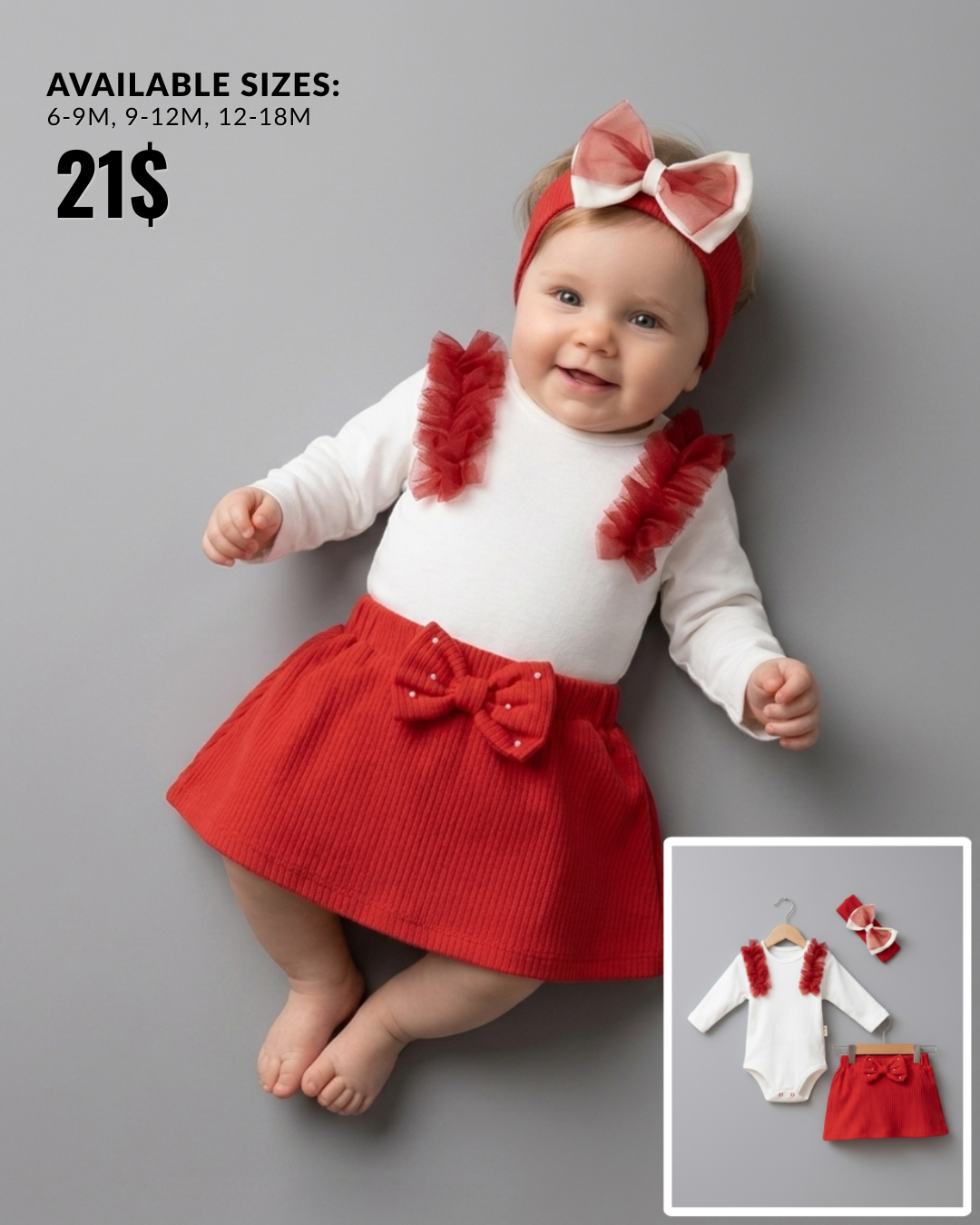 The Scarlett Tulle Ruffle Bodysuit & Skirt Set – Red & White