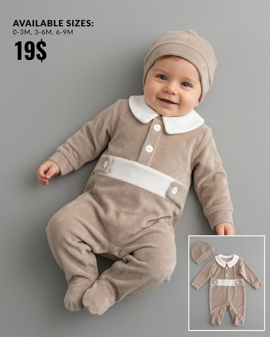 The Benedict Collared Plush Velour Footed Romper & Beanie Set – Taupe