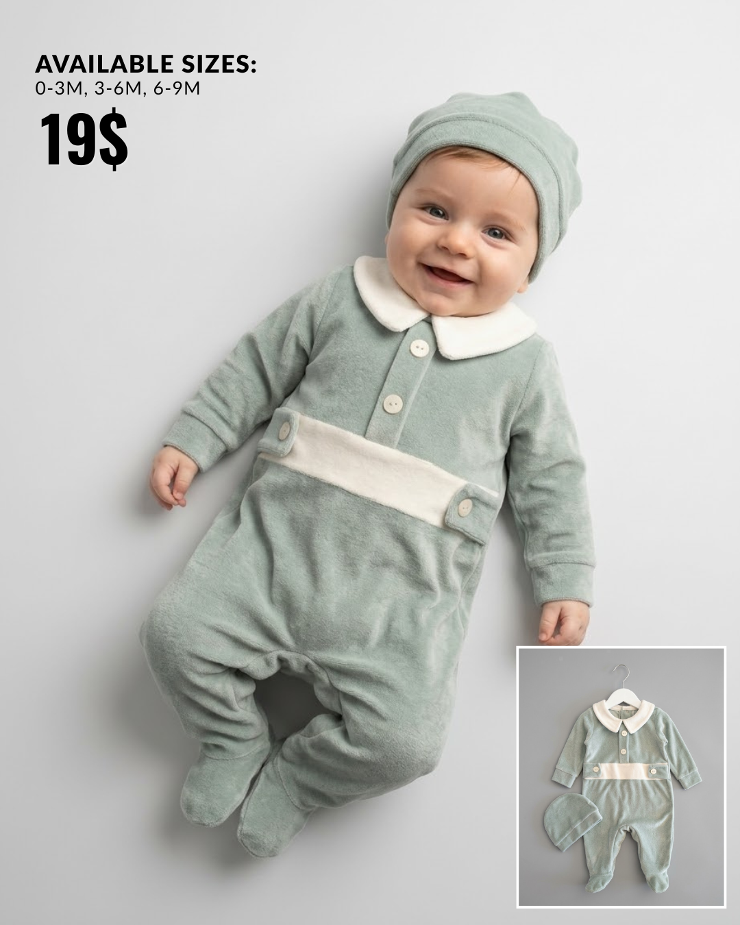 The Finnegan Collared Plush Velour Footed Romper & Beanie Set – Sage Green