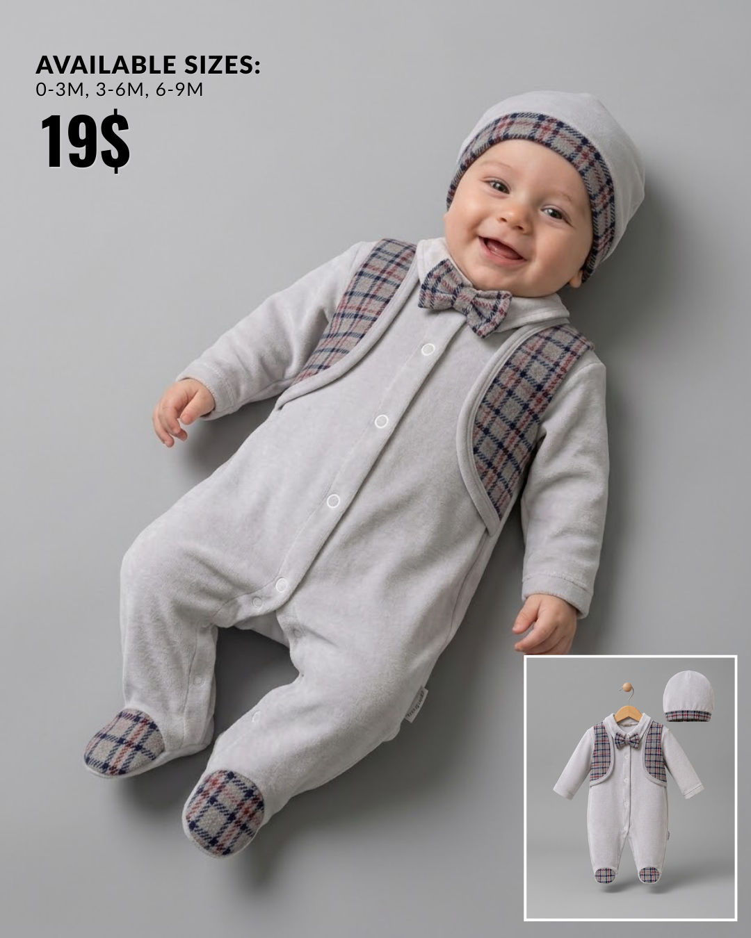 The Declan Plaid Accent Plush Velour Footed Romper & Beanie Set – Light Gray