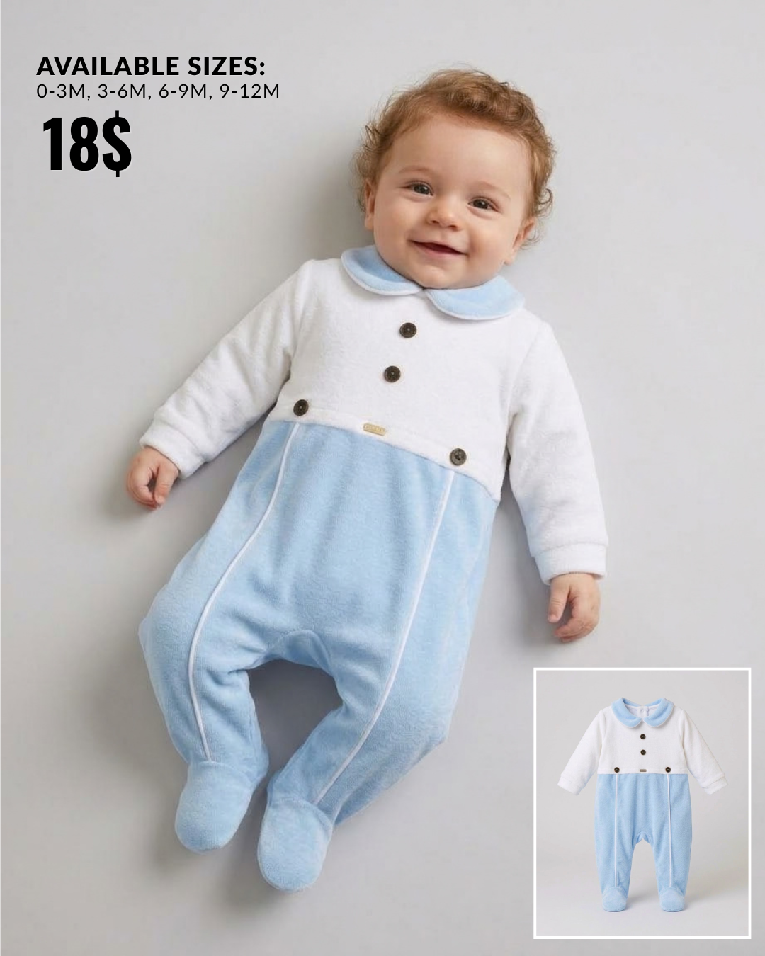 The Gideon Collared Plush Velour Footed Romper – Light Blue