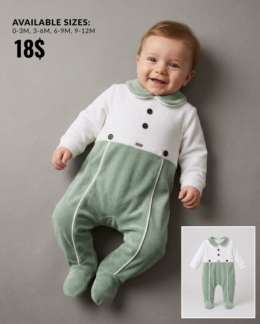The Killian Collared Plush Velour Footed Romper – Sage Green
