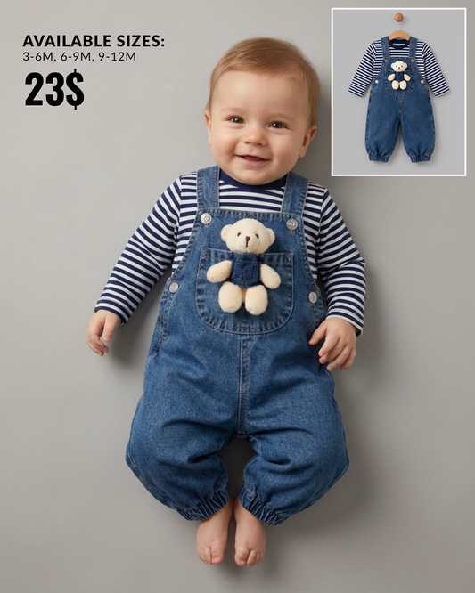 The Fletcher Denim Teddy Bear Overall Jumpsuit Set – Striped & Blue