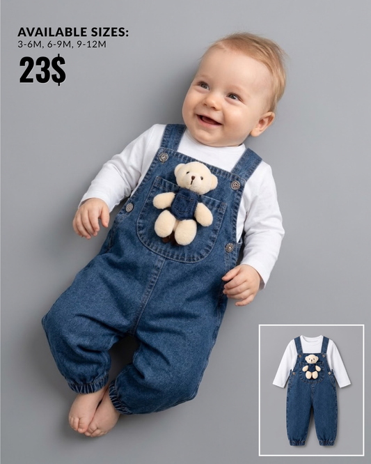 The Fletcher Denim Teddy Bear Overall Jumpsuit Set – Blue