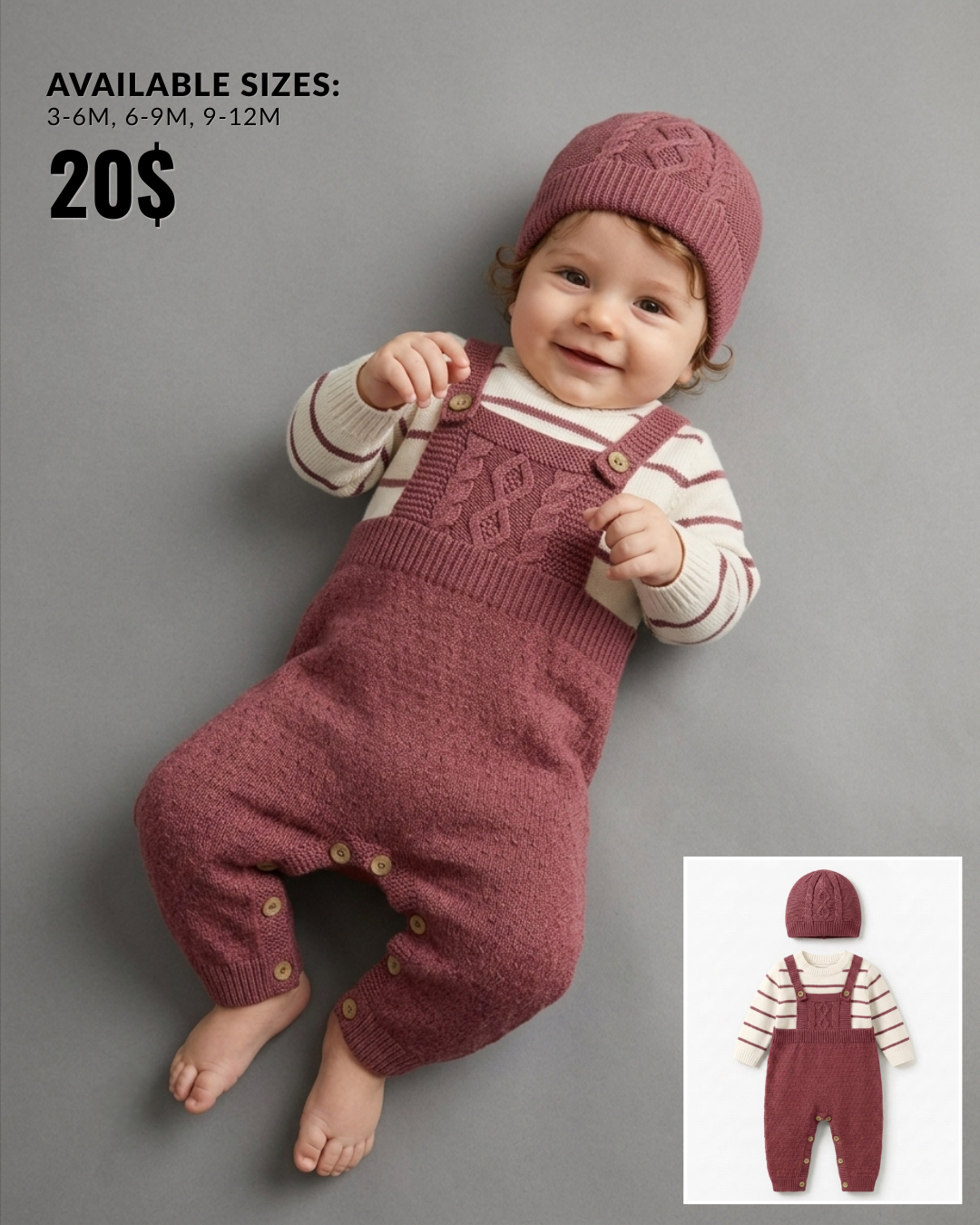 The Callahan 1-Piece Cable-Knit Overall Romper Set – Burgundy