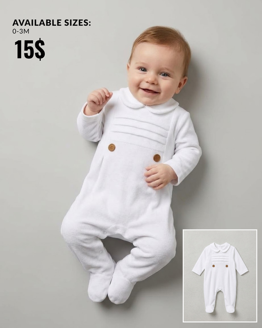 The Conrad Collared Plush Footed Romper – Cream
