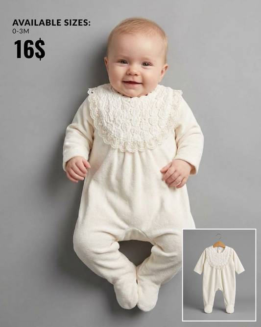 The Josephine Cream Knit Footed Sleeper with Scalloped Lace Bib