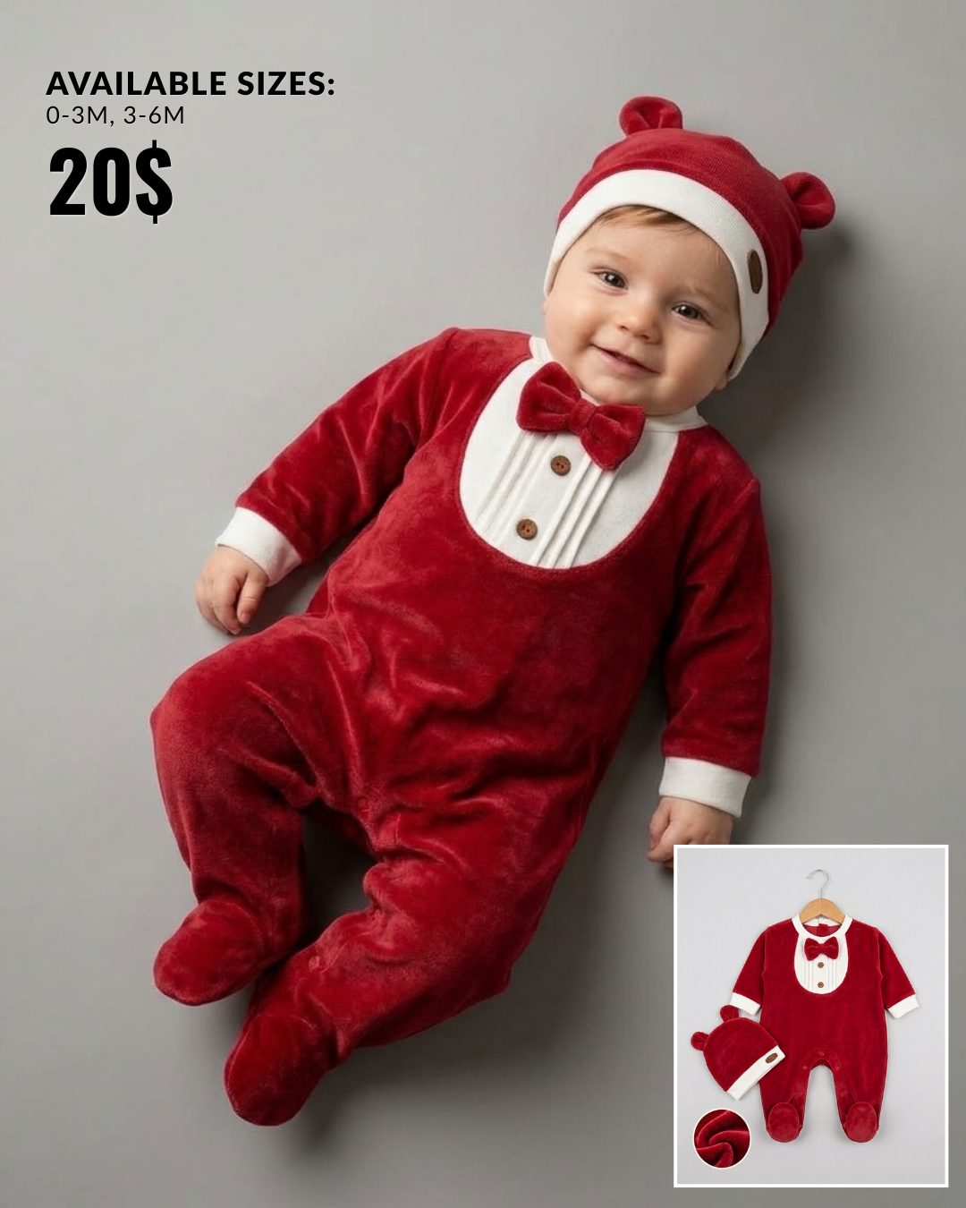 The Clarence Velvet Santa Footed Jumpsuit & Hat Set – Red
