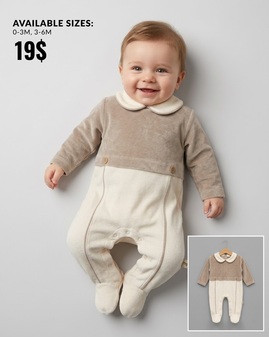 The Thaddeus Collared Plush Velour Footed Romper – Taupe & Cream