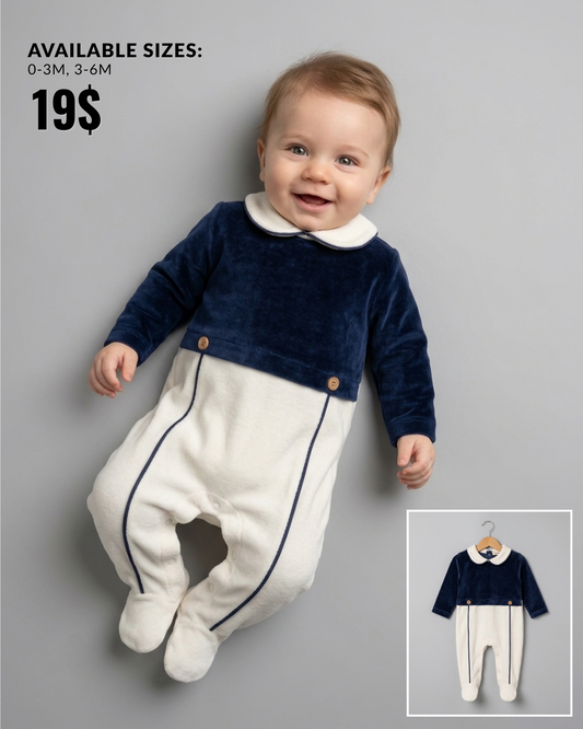The Callaway Collared Plush Velour Footed Romper – Navy & Cream