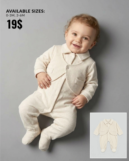 The Beau Collared Plush Footed Romper Set – Cream