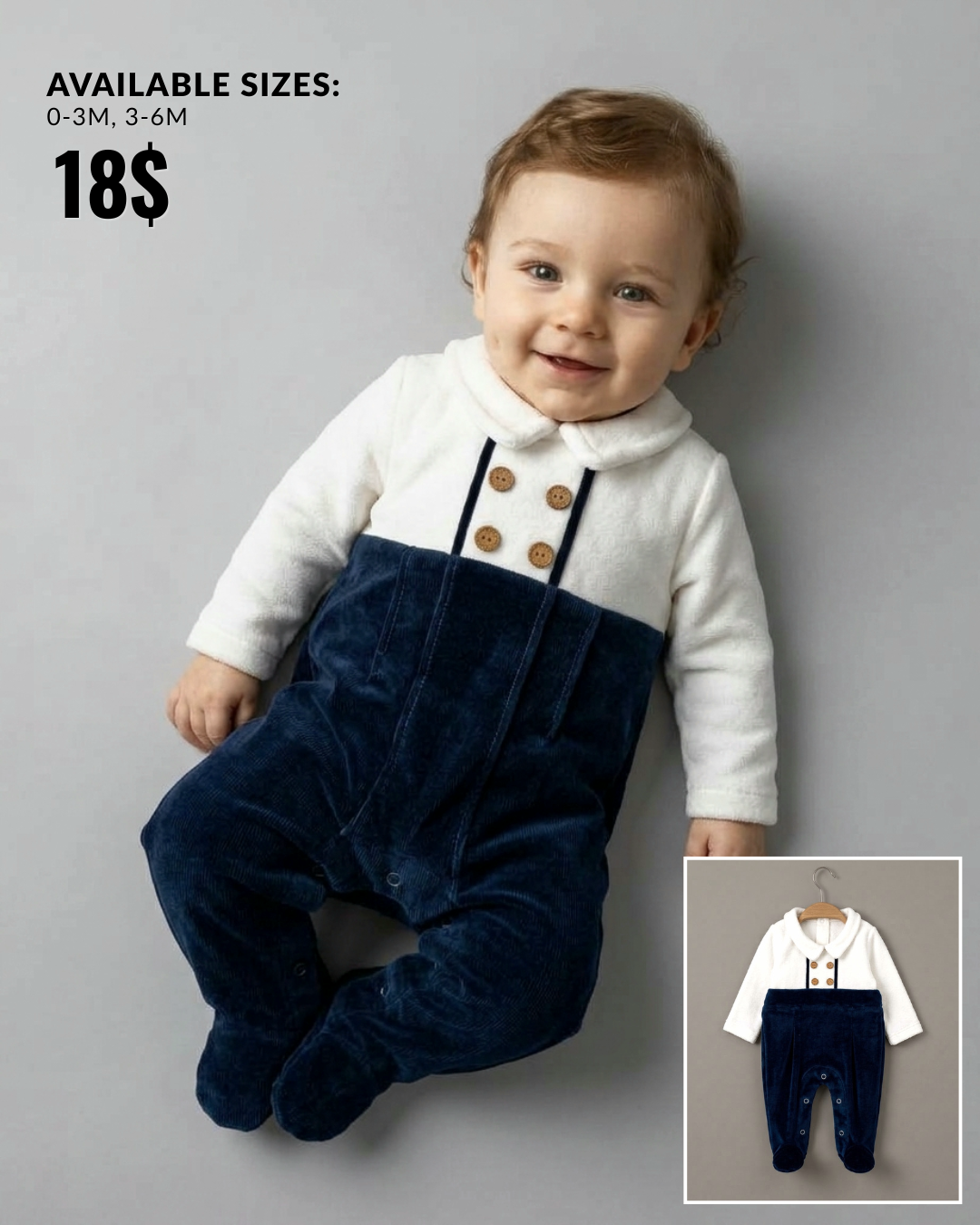 The Kensington Velvet Overall-Style Footed Romper – Navy Blue & White