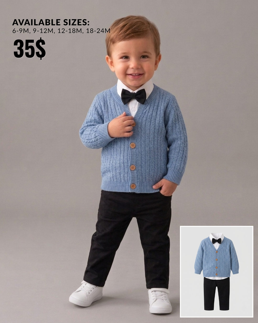 The Lawson Cable-Knit Cardigan & Bow Tie Suit Set – Light Blue