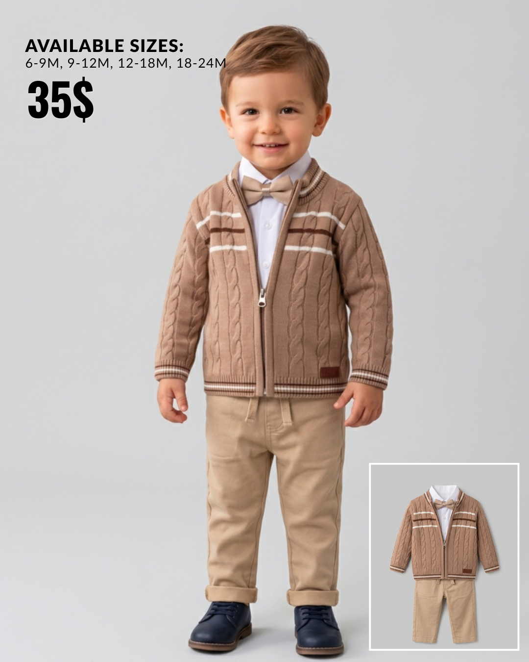 The Hayes Striped Zip Cardigan & Bow Tie Suit Set – Tan & Khaki