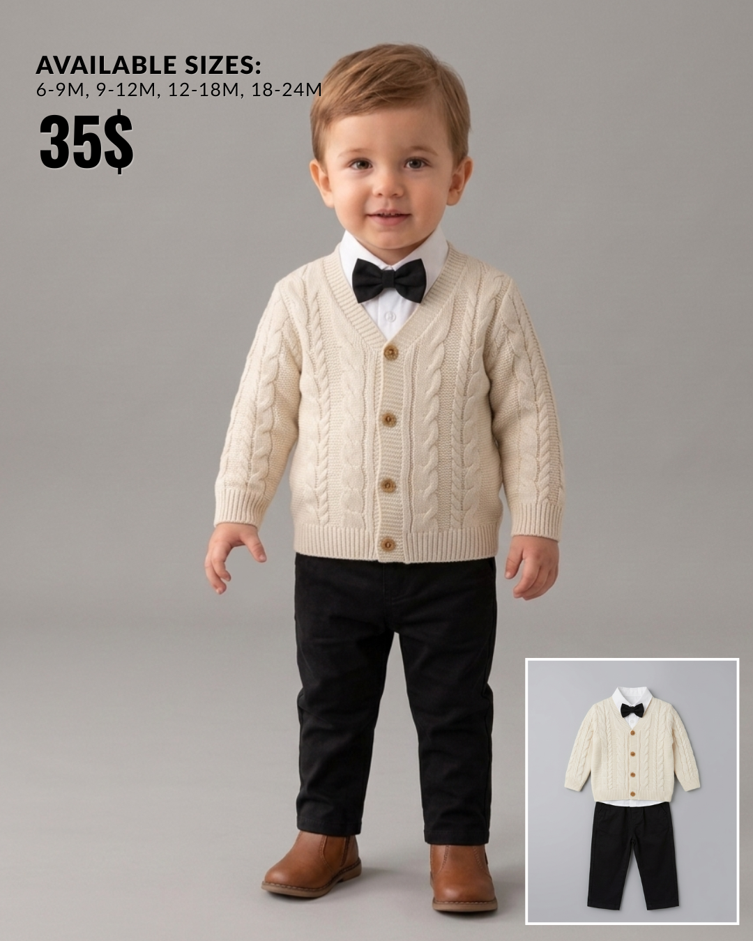 The Beckham Cable-Knit Cardigan & Bow Tie Suit Set – Cream & Navy