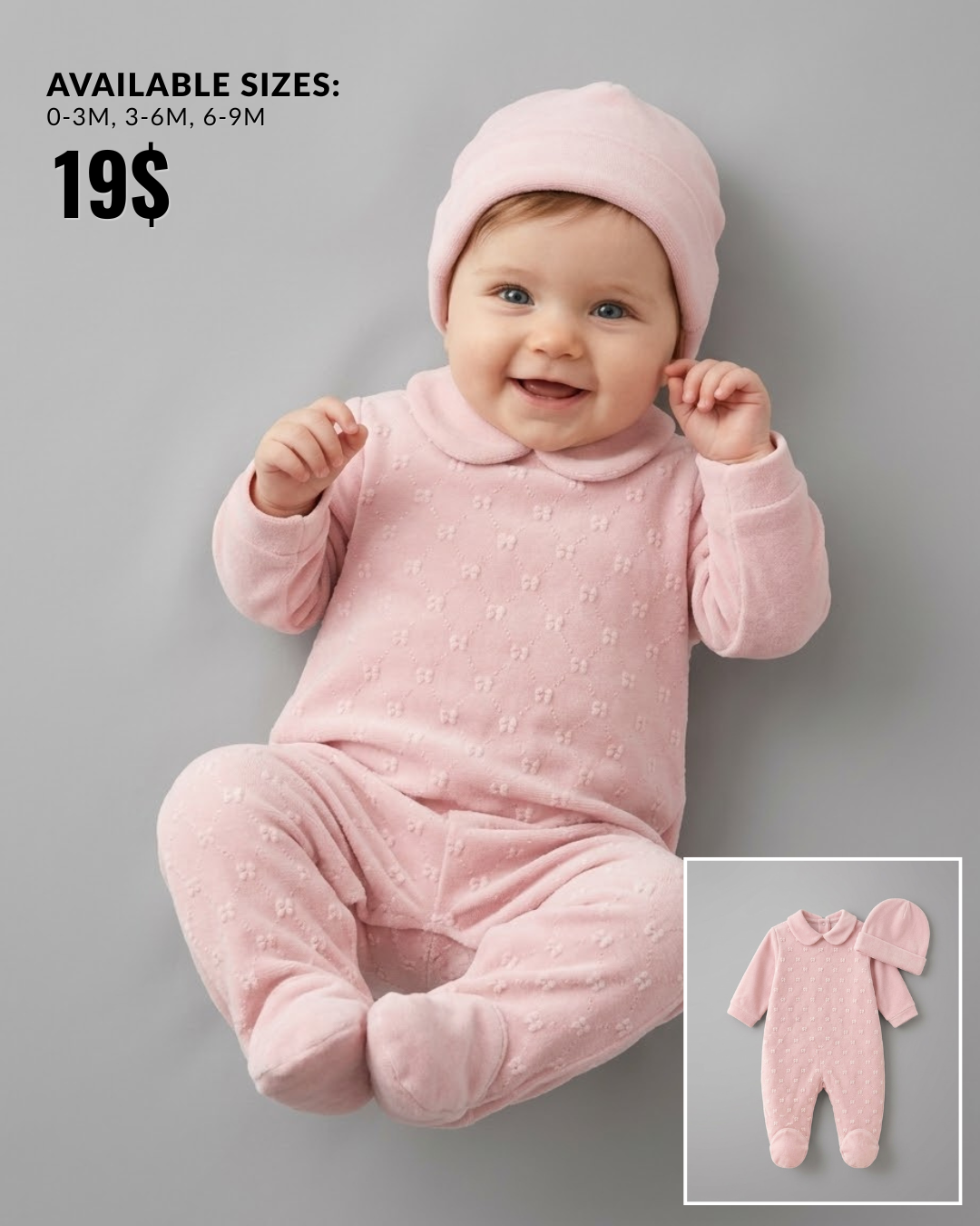 The Felicity Soft Pink Collared Plush Footed Romper & Beanie Set
