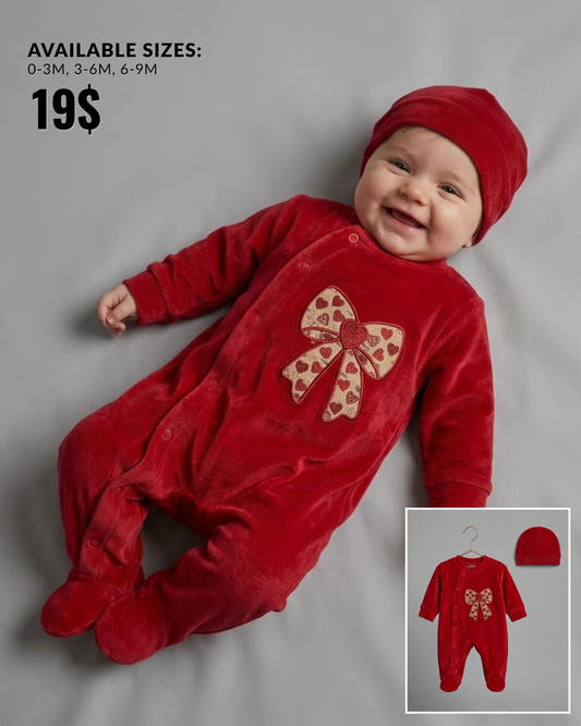 The Valentina Red Velvet Heart Bow Footed Romper & Beanie Set