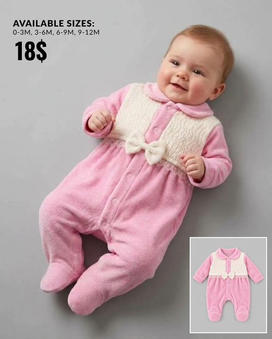The Adelaide Pink Plush Footed Romper with Cream Knit Bib & Bow