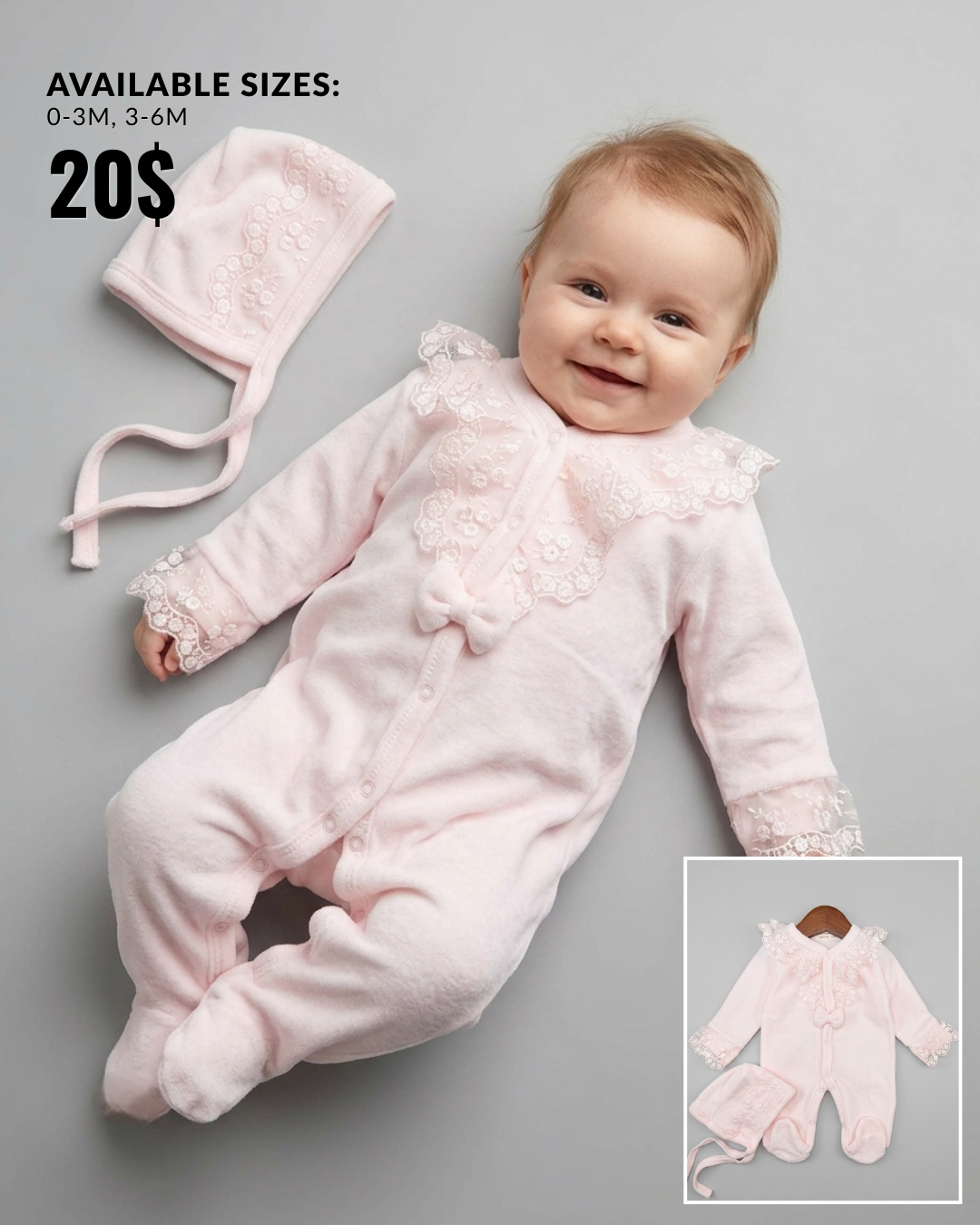 The Cordelia Soft Pink Velvet Footed Romper & Lace Bonnet Set