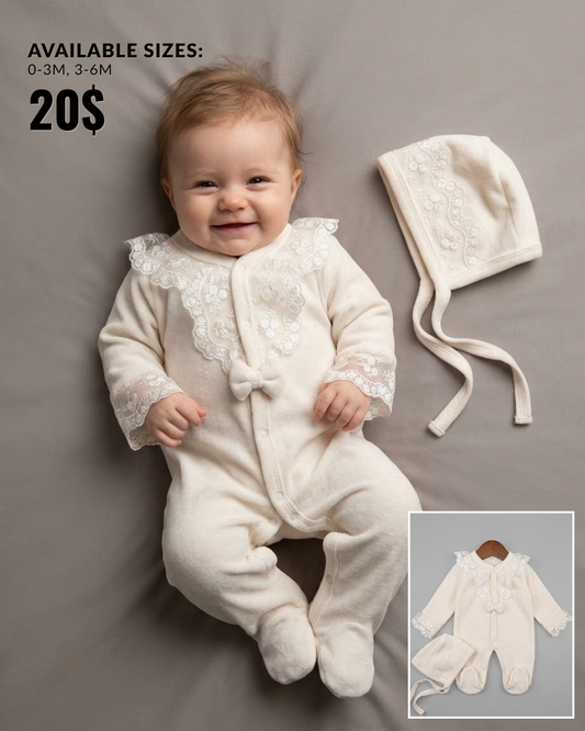 The Clarissa Cream Velvet Footed Romper & Lace Bonnet Set