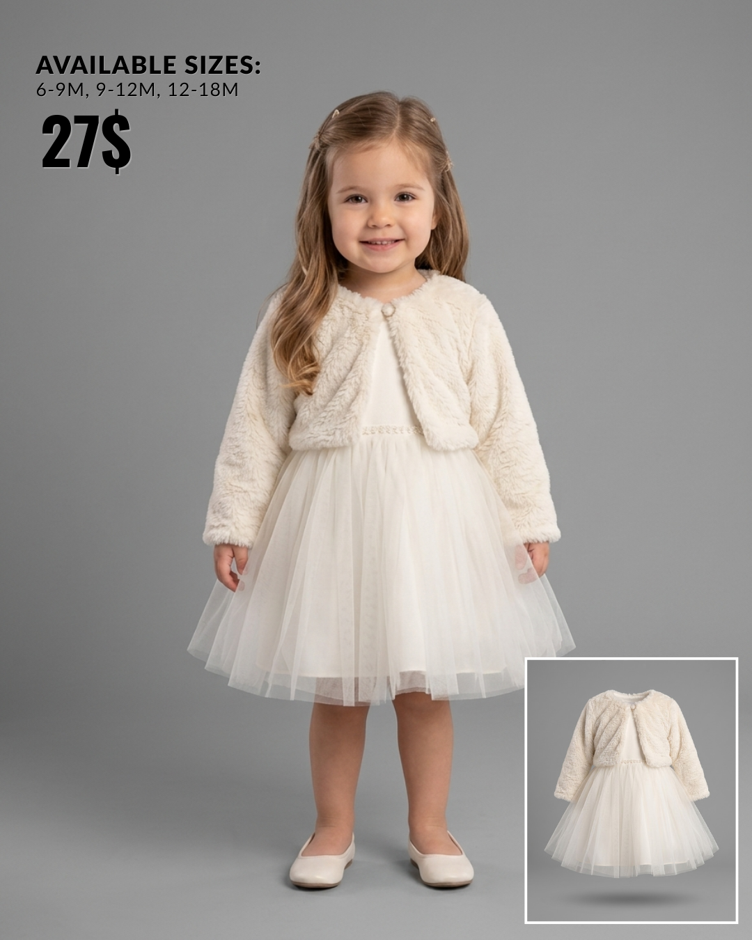 The Vivian Cream Textured Cardigan & Tulle Dress Set