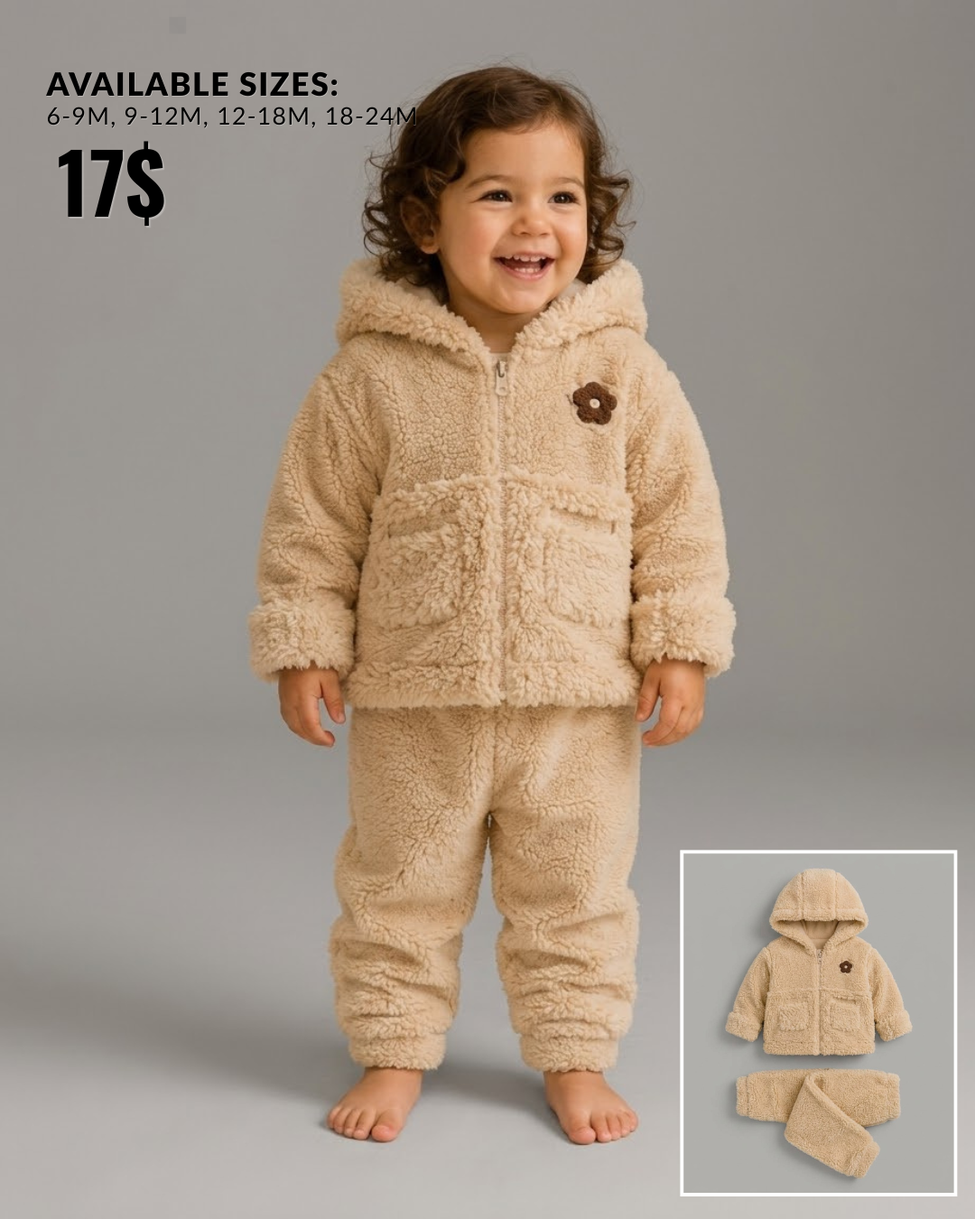 The Hazel Plush Sherpa Fleece Hooded Jacket & Pants Set – Warm Beige