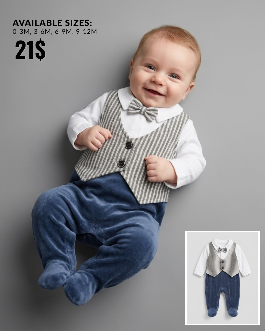 Navy & Grey Striped Waistcoat Bow Tie Footed Baby Onesie