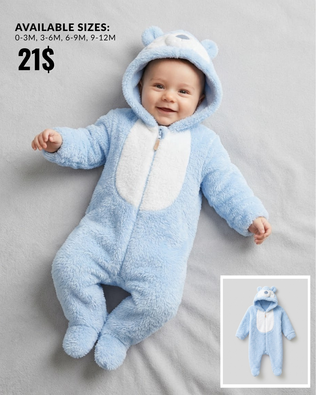 Light Blue Teddy Bear Hooded Footed Baby Onesie