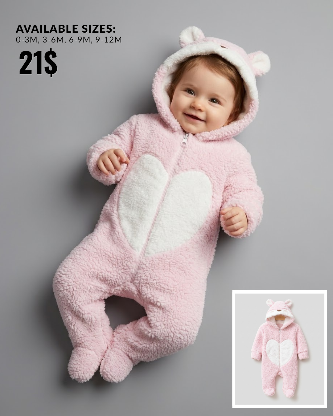 Pink Teddy Bear Hooded Footed Baby Onesie