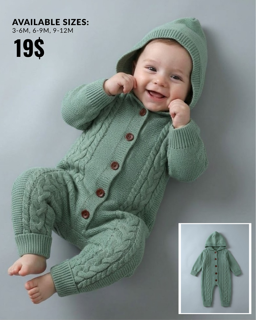 Sage Green Hooded Cable-Knit Baby Onesie
