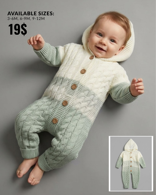Cream & Sage Hooded Cable-Knit Baby Onesie