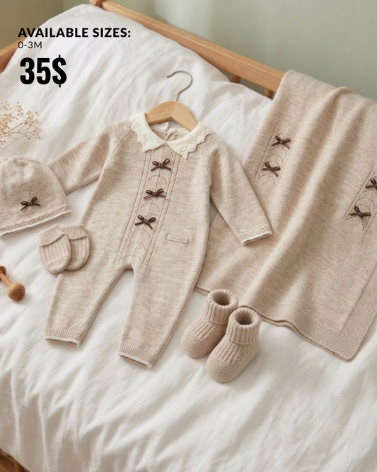 Oatmeal Bow 5-Piece Newborn Knit Romper & Blanket Set