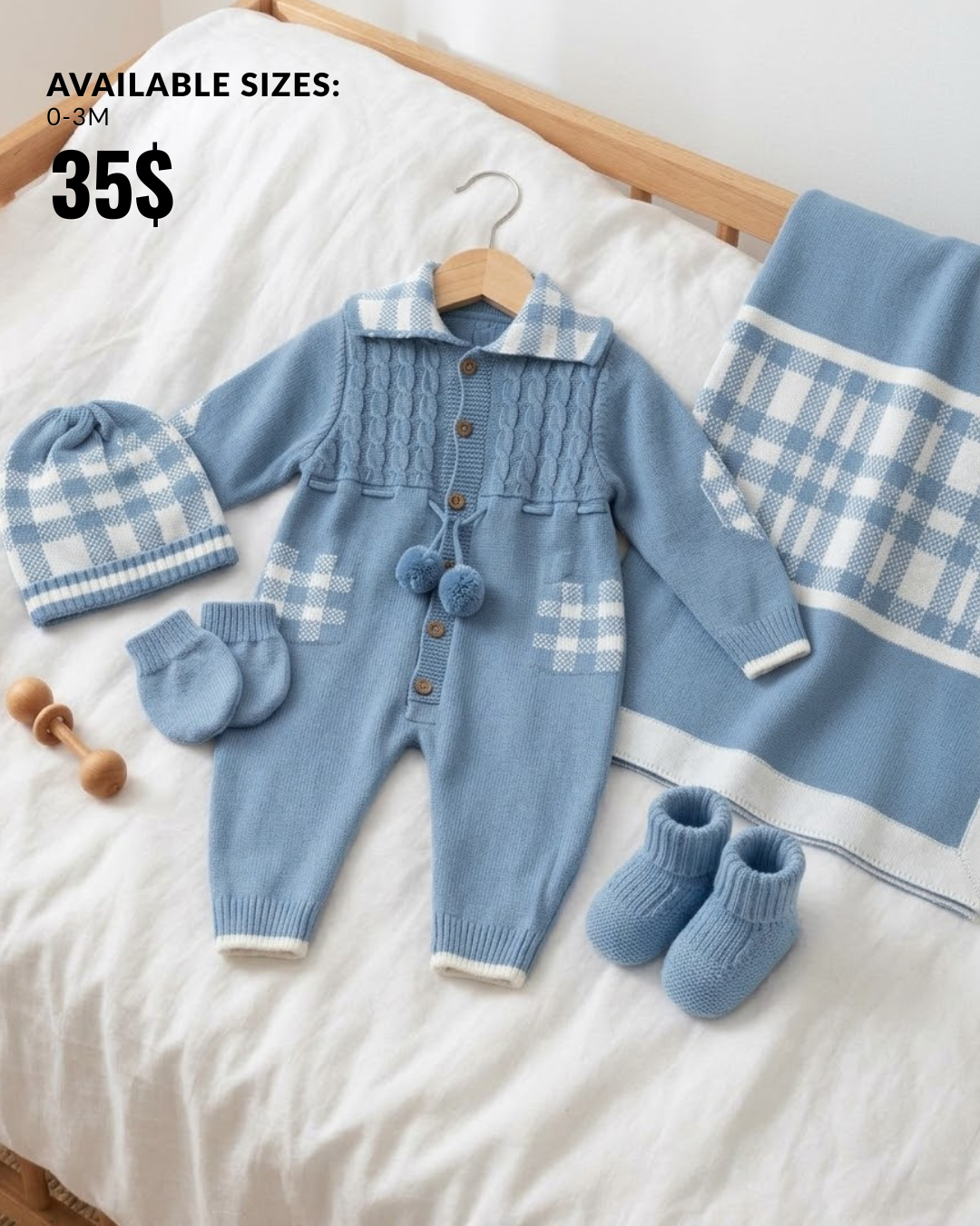 Slate Blue Check 5-Piece Newborn Knit Romper & Blanket Set