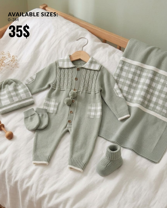 Sage Green Check 5-Piece Newborn Knit Romper & Blanket Set