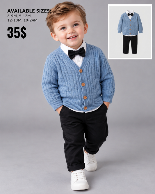 The Lawson Cable-Knit Cardigan & Bow Tie Suit Set – Light Blue