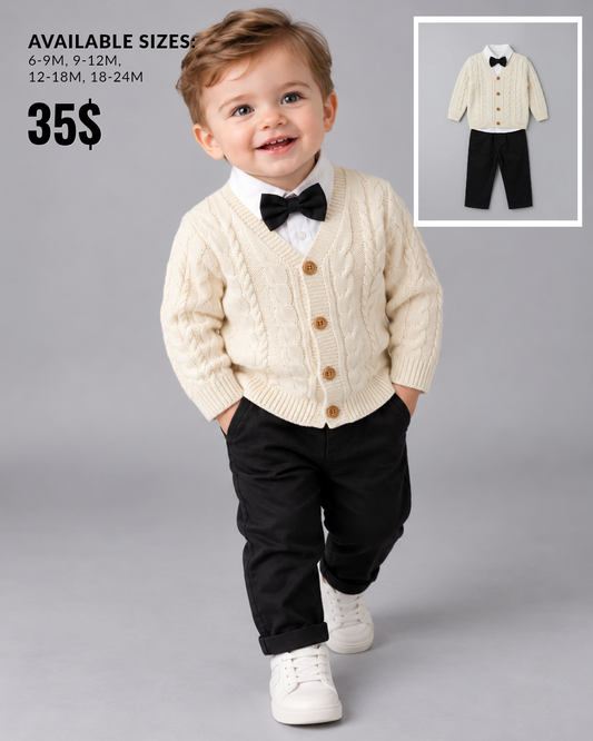 The Beckham Cable-Knit Cardigan & Bow Tie Suit Set – Cream & Navy