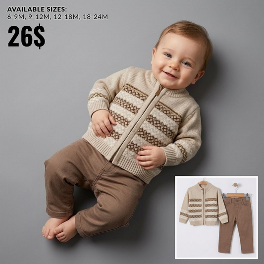 The Ezra 2-Piece Zip Cardigan & Pants Set – Cream & Brown