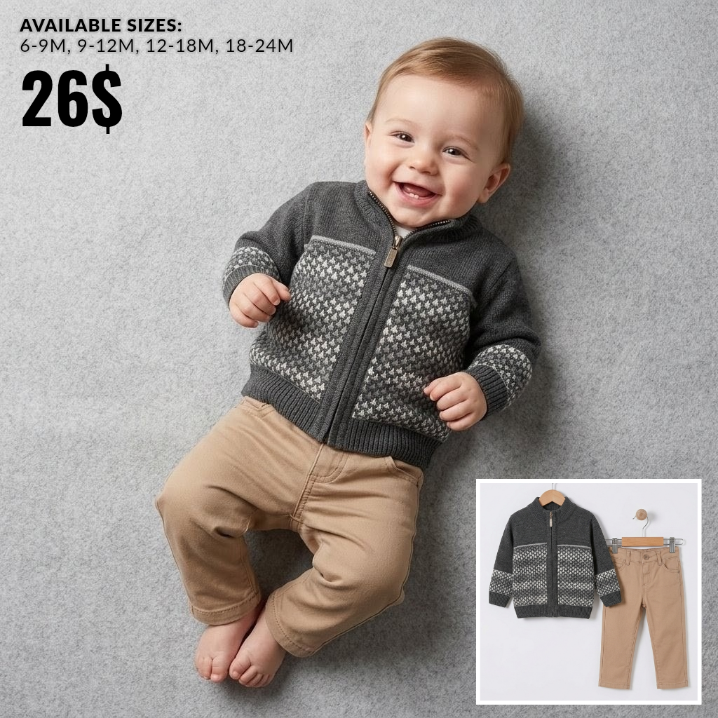 The Miles 2-Piece Zip Cardigan & Pants Set – Dark Gray & Tan