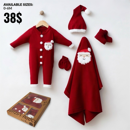 The Jasper Santa-Themed Fleece Romper & Hooded Blanket Gift Set – Festive Red