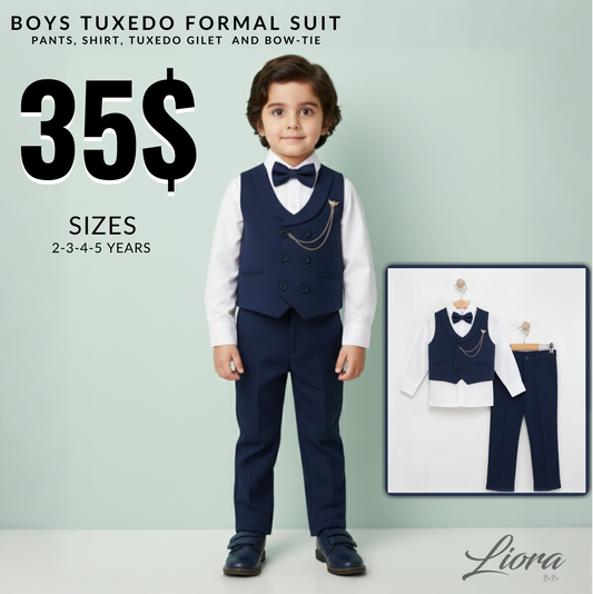Navy Boys Tuxedo Formal Suit – 4-Piece Set with Gilet, Shirt, Pants & Bow Tie