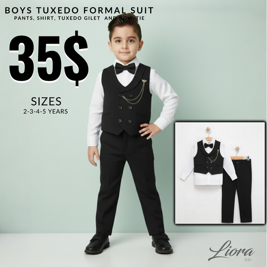 Black Boys Tuxedo Formal Suit – 4-Piece Set with Gilet, Shirt, Pants & Bow Tie