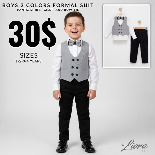 Boys Formal Suit – 4-Piece Set with Gray Gilet, Shirt, Pants & Bow Tie