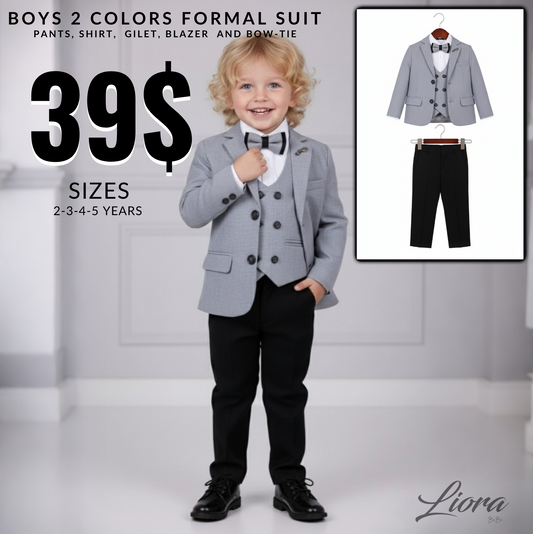 Black & Gray Boys Formal Suit – 5-Piece Set with Blazer, Gilet, Shirt, Pants & Bow Tie