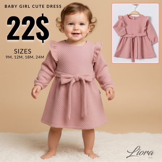 Pink Waffle-Knit Baby Dress – Long Sleeve Belted Outfit with Ruffled Shoulders